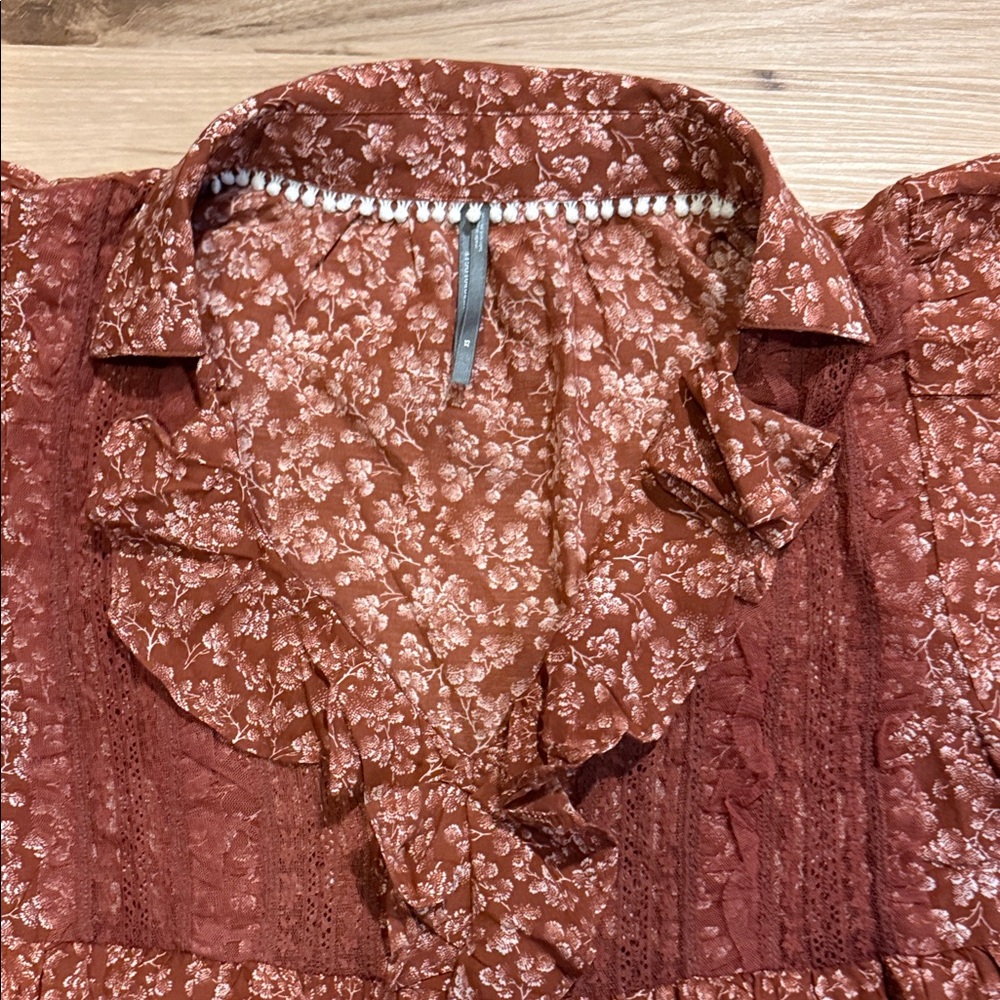 Anthropologie Burgundy Floral Ruffle Blouse - Picture 5 of 8